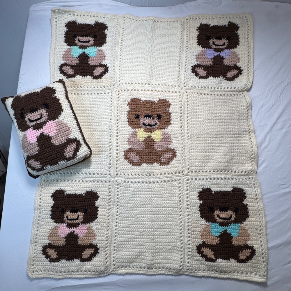Vintage Crochet Teddy Bear Baby Blanket Pillow Set Handmade Cream Pastel 39 x 32